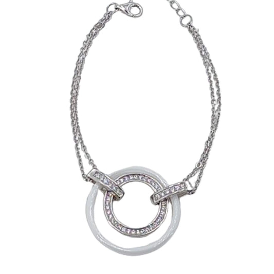 Pulsera Plata Doble Círculo Cerámica Blanca con Circonitas – Cadena Doble. Joyeria Osnor