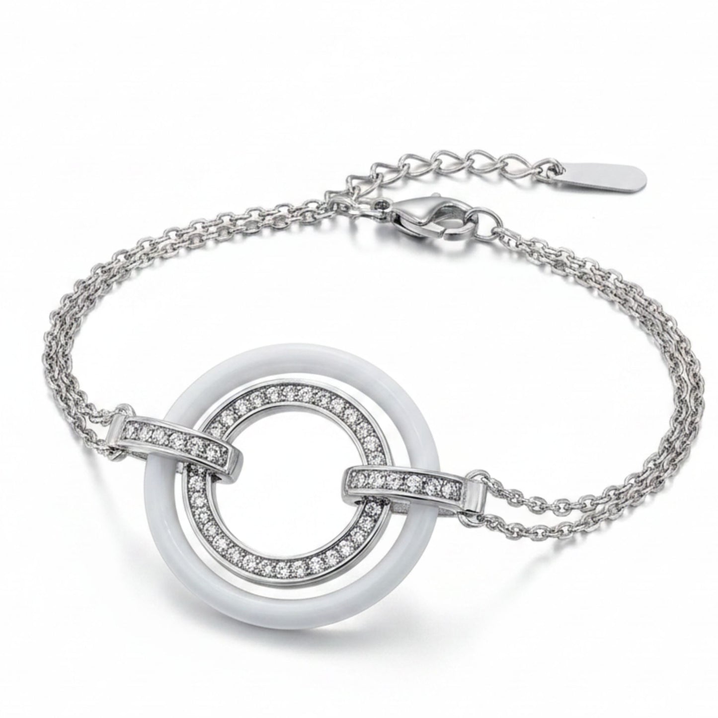 Pulsera Plata Doble Círculo Cerámica Blanca con Circonitas – Cadena Doble. Joyeria Osnor
