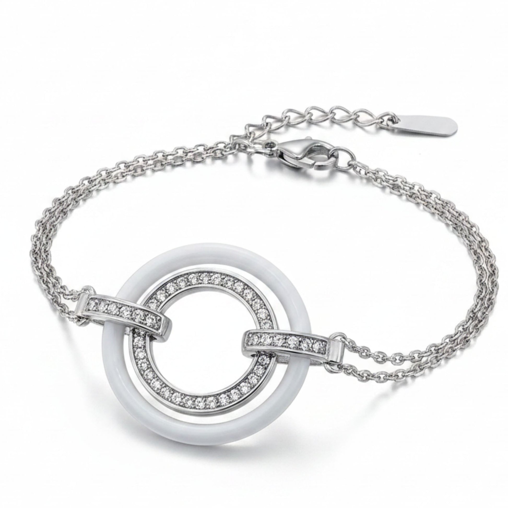 Pulsera Plata Doble Círculo Cerámica Blanca con Circonitas – Cadena Doble. Joyeria Osnor