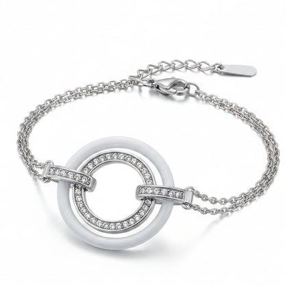 Pulsera Plata Doble Círculo Cerámica Blanca con Circonitas – Cadena Doble. Joyeria Osnor