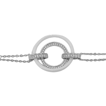 Pulsera Plata Doble Círculo Cerámica Blanca con Circonitas – Cadena Doble. Joyeria Osnor
