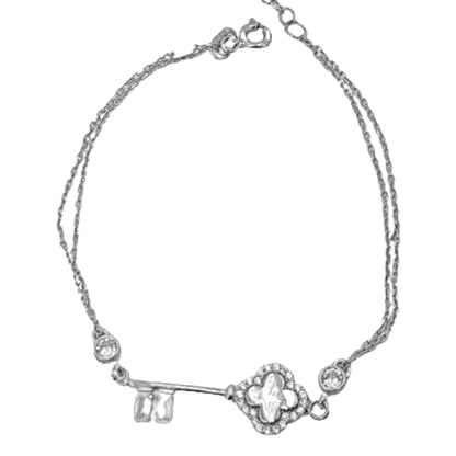 Pulsera Doble Cadena Colgante Llave Trébol en Plata con Rodio y Circonitas. Joyeria Osnor