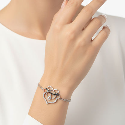 Pulsera Corazón Infinito con Circonitas Plata Baño Rodio. Joyeria Osnor