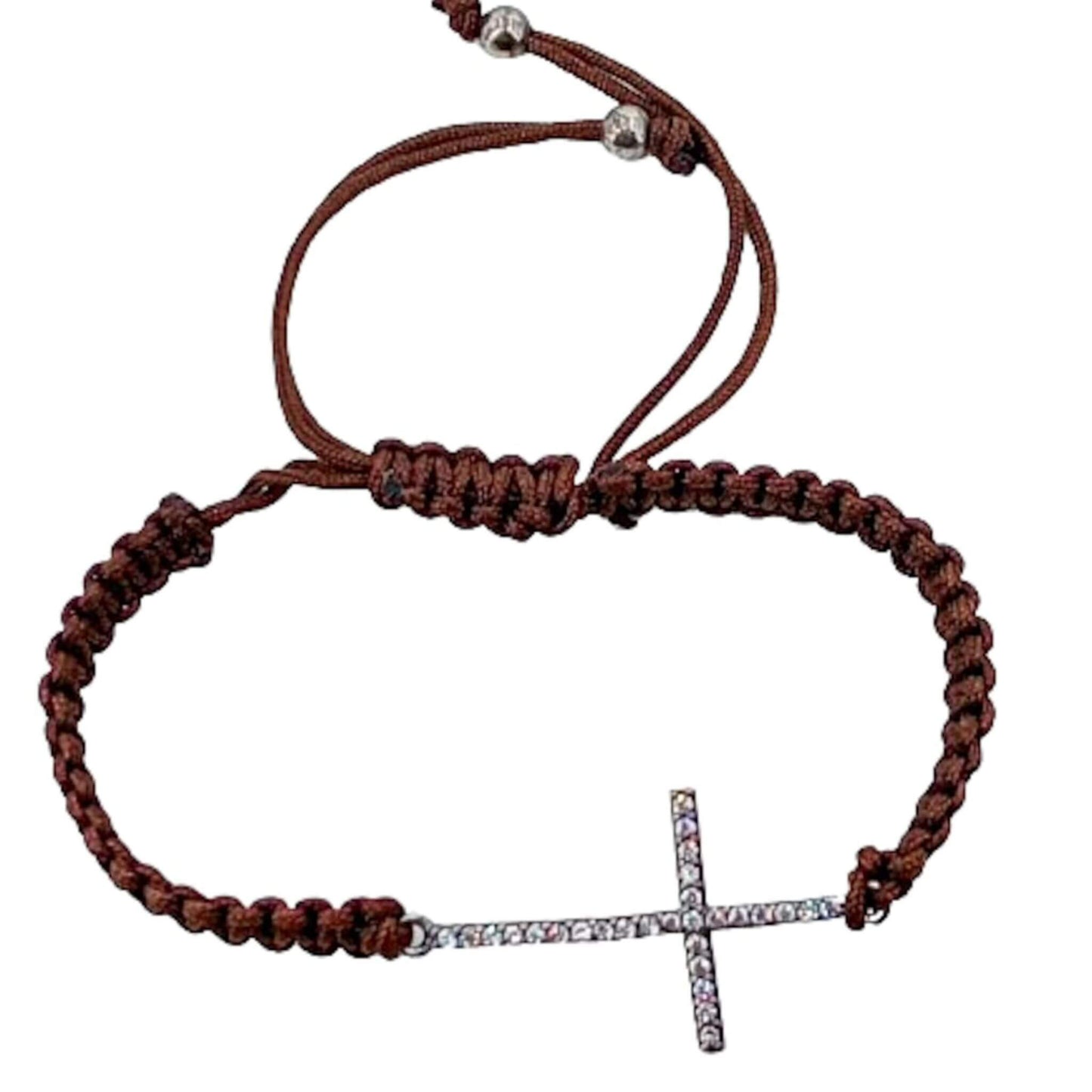 Pulsera Macramé Marrón con Cruz de Plata Rodio y Circonitas. Joyeria Osnor