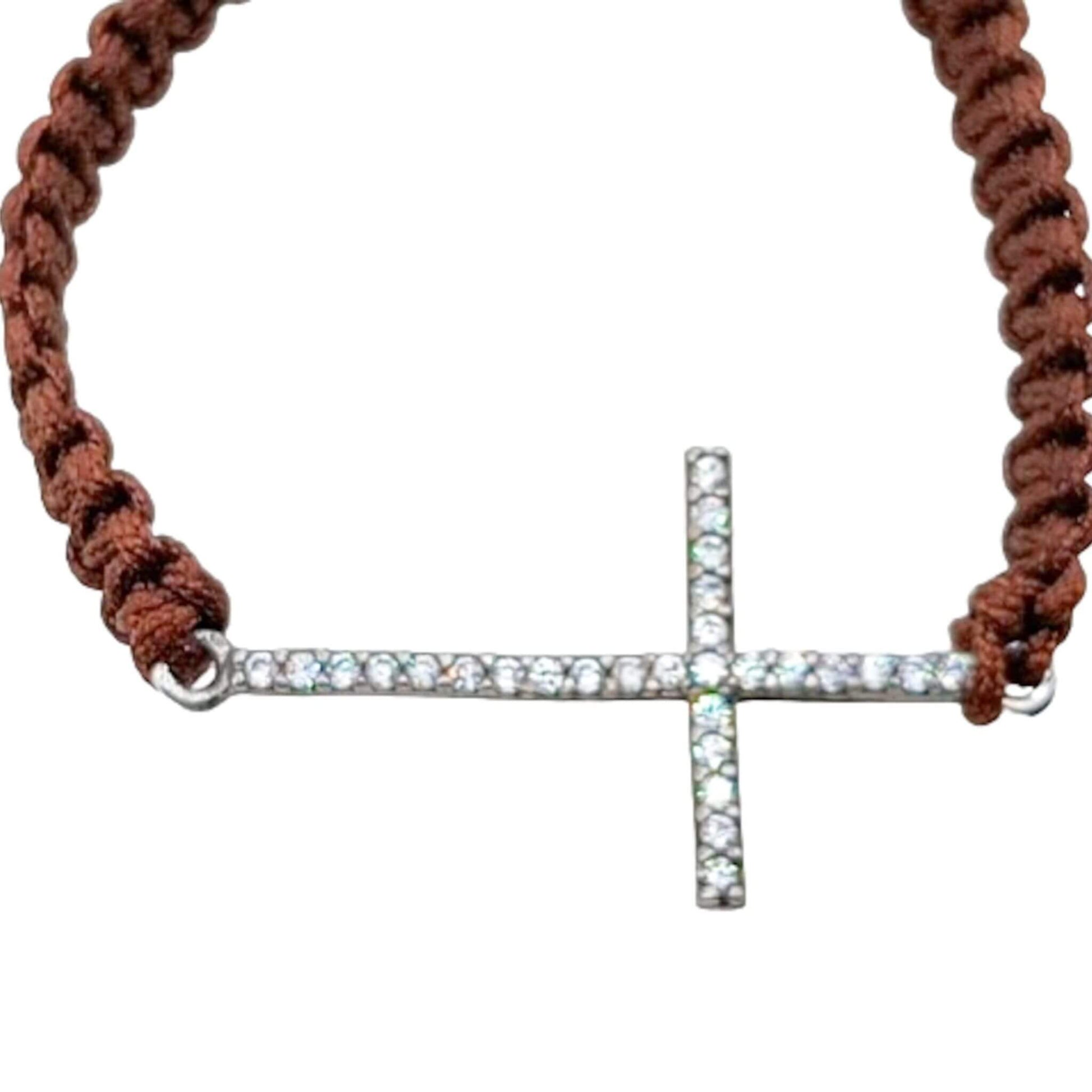 Pulsera Macramé Marrón con Cruz de Plata Rodio y Circonitas. Joyeria Osnor