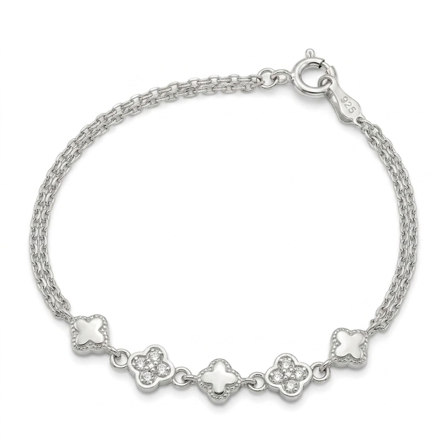 Pulsera Doble Cadena Tréboles con Circonitas Plata Baño Rodio. Joyeria Osnor