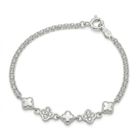 Pulsera Doble Cadena Tréboles con Circonitas Plata Baño Rodio. Joyeria Osnor