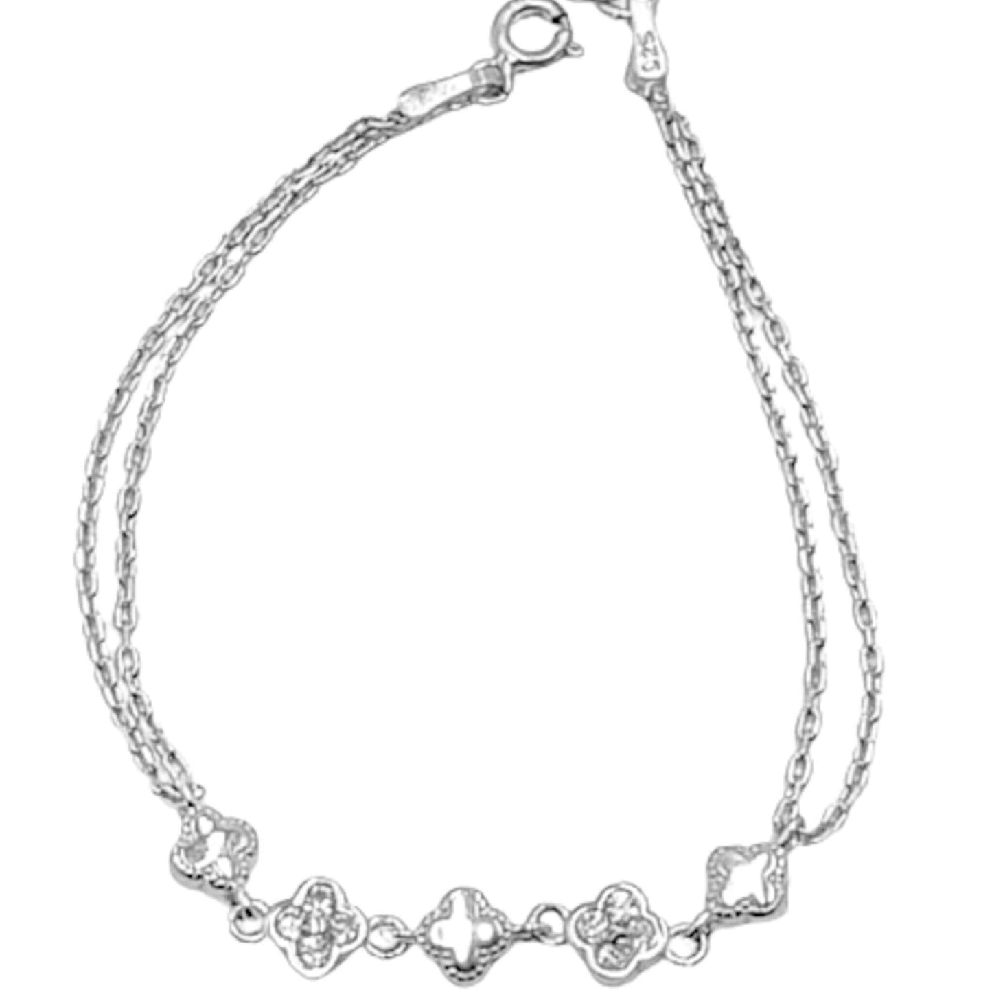 Pulsera Doble Cadena Tréboles con Circonitas Plata Baño Rodio. Joyeria Osnor