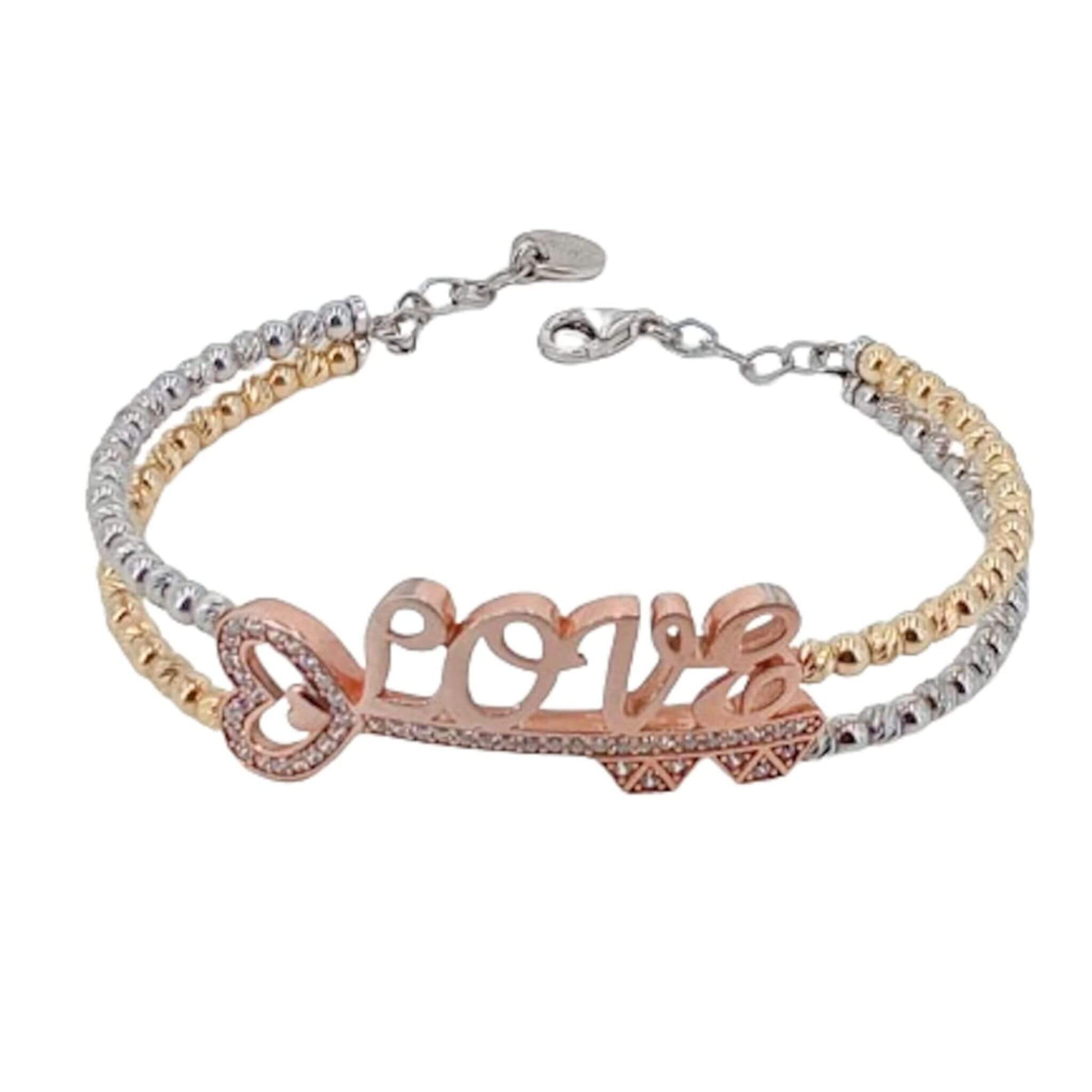 Pulsera Doble Cadena de Bolas "LOVE" en Plata con Baño de Oro Amarillo y Oro Rosa. Joyeria Osnor
