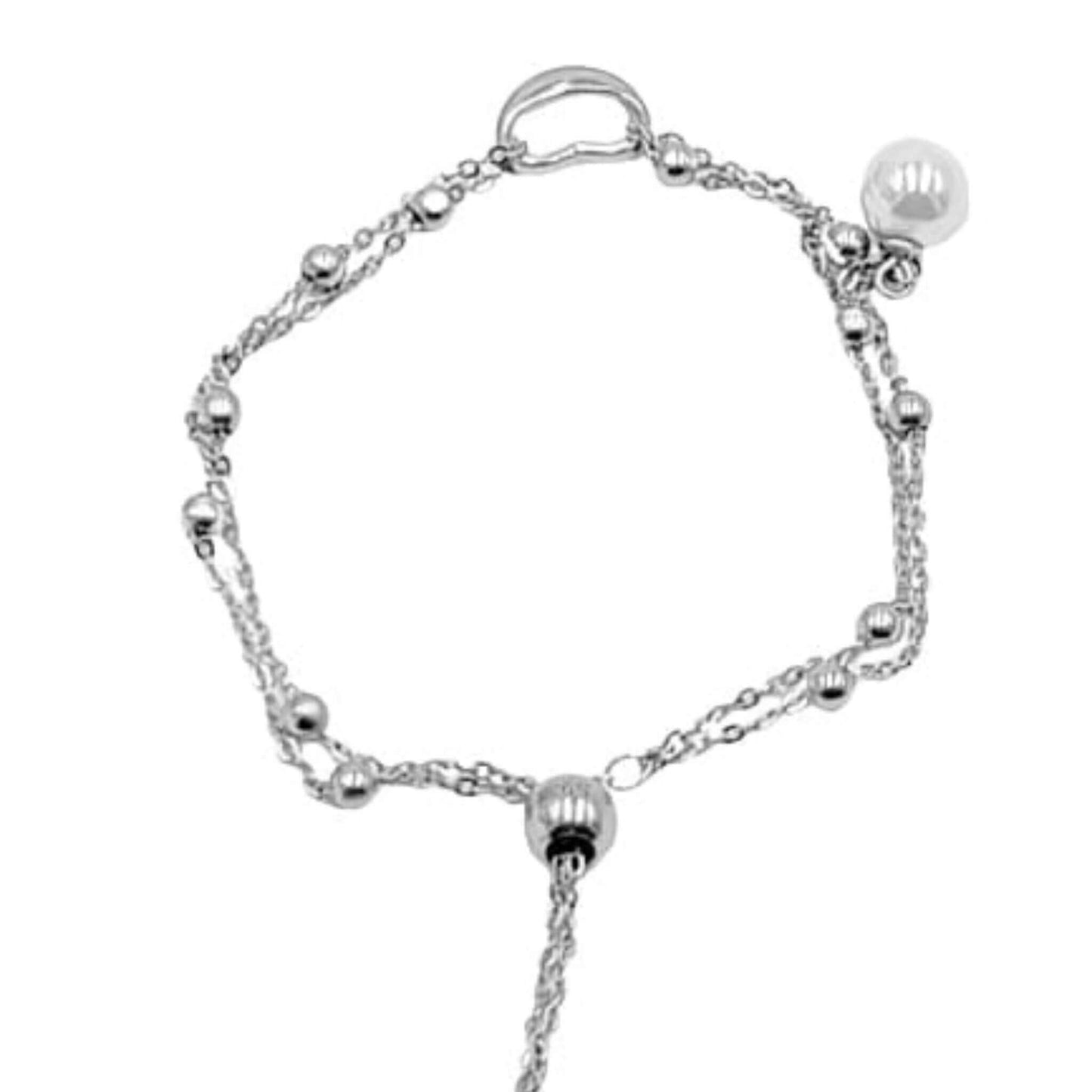 Pulsera Doble Cadena Plata con Perla y Corazón Acabado Rodio. Joyeria Osnor