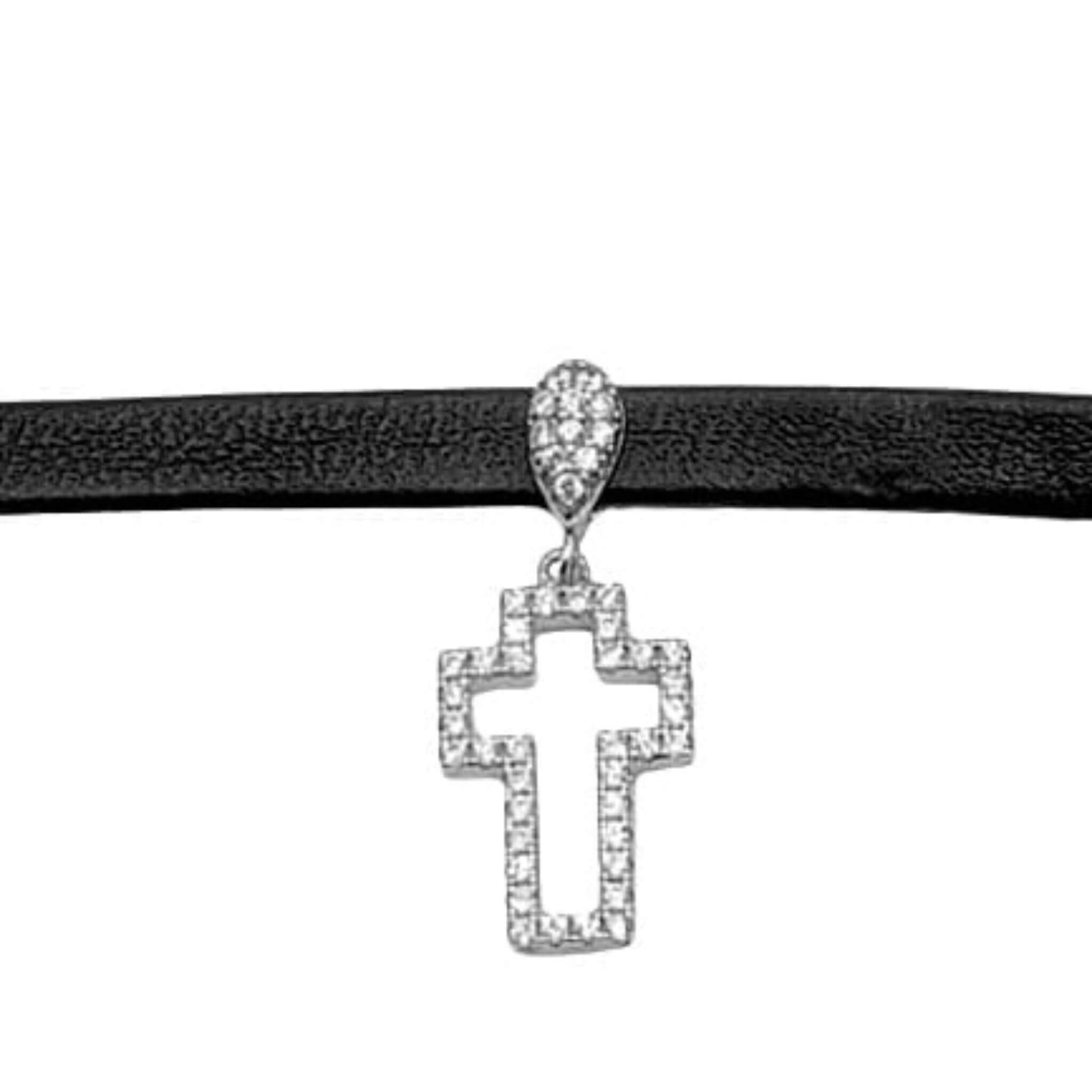 Pulsera Piel con Cruz de Plata Rodio y Circonitas. Joyeria Osnor