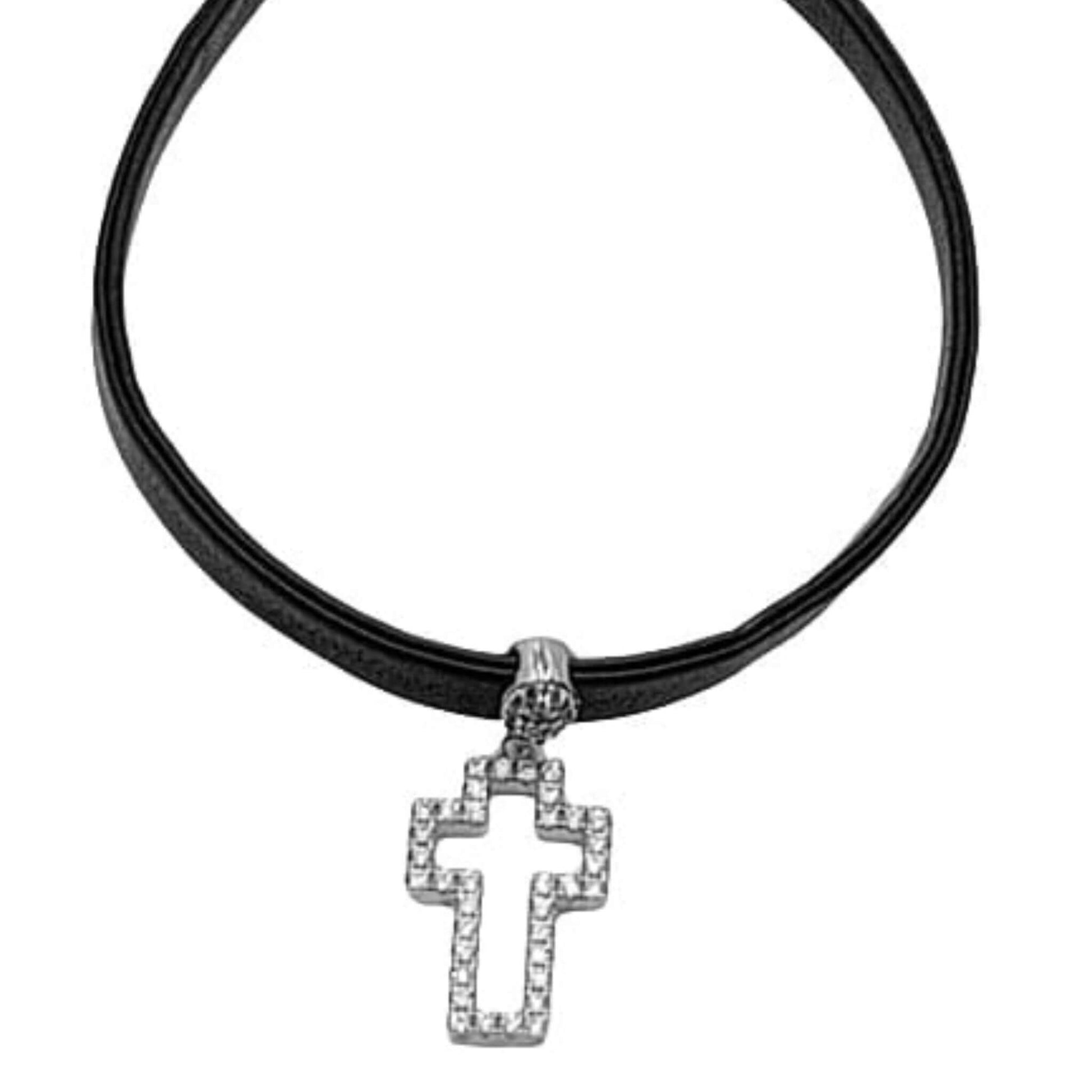 Pulsera Piel con Cruz de Plata Rodio y Circonitas. Joyeria Osnor