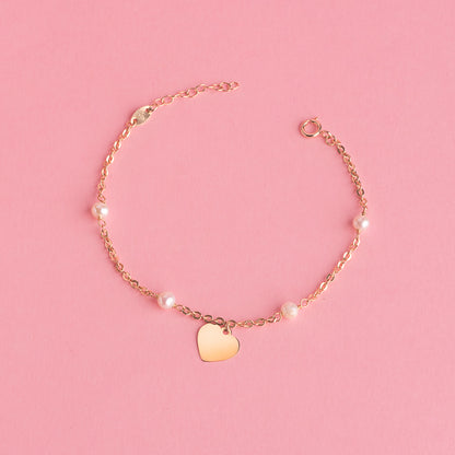 18K PULSERA ORO AMARILLO CON PERLAS 3.5MM Y PLACA CHAPA CORAZON 10MM. LARGO: 15 2CM C. AMOR