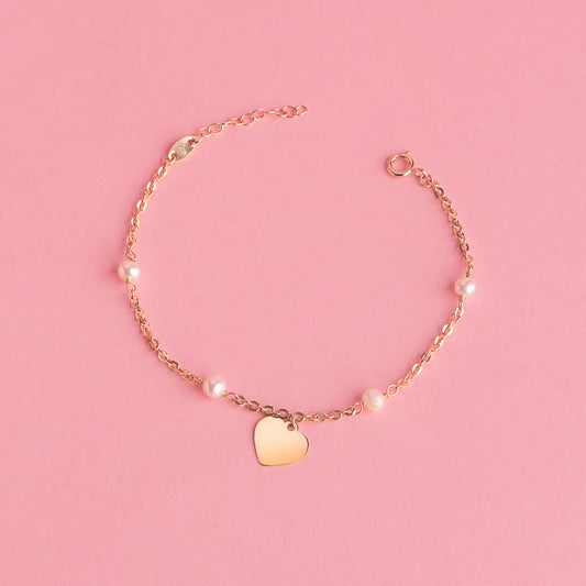 18K PULSERA ORO AMARILLO CON PERLAS 3.5MM Y PLACA CHAPA CORAZON 10MM. LARGO: 15 2CM C. AMOR