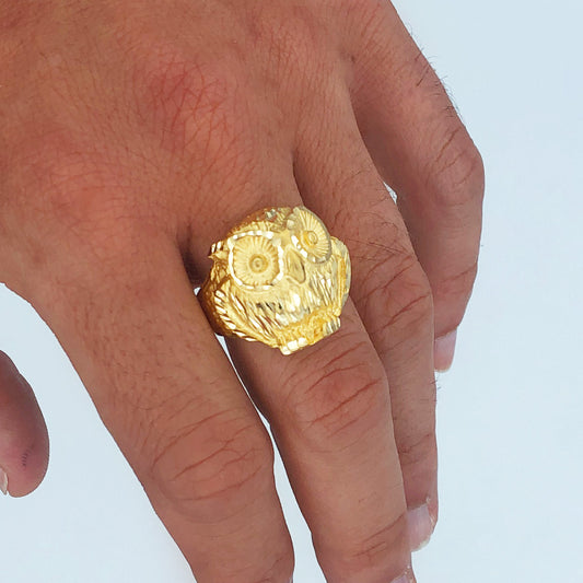 18K SELLO ORO AMARILLO MACIZO CABEZA DE BUHO TALLADO 22X22 MM